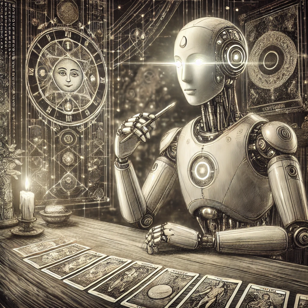 Ein futuristischer Roboter sitzt an einem Tisch und interpretiert Tarotkarten, die vor ihm ausgelegt sind. Im Hintergrund sind komplexe, kosmische Symbole und eine große Uhr mit einem Sonnenmotiv zu sehen. Der Roboter scheint tief in Gedanken versunken zu sein, während er die Karten betrachtet, was eine Mischung aus Technologie und Esoterik darstellt.