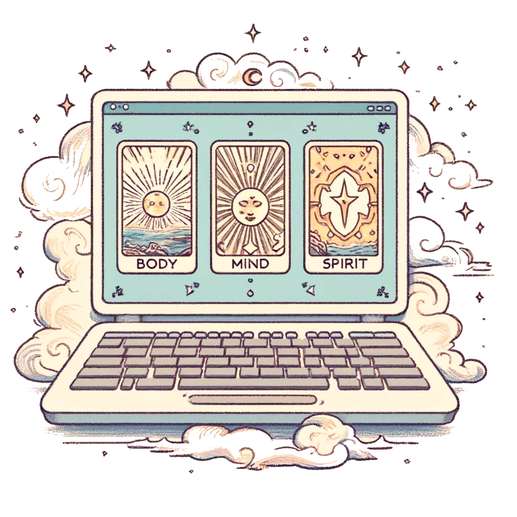 Eine Illustration eines Laptops mit drei Tarotkarten auf dem Bildschirm, die die Begriffe "Körper", "Geist" und "Seele" anzeigen. Um den Laptop herum sind Wolken und Sterne gezeichnet, die eine mystische Atmosphäre erzeugen.