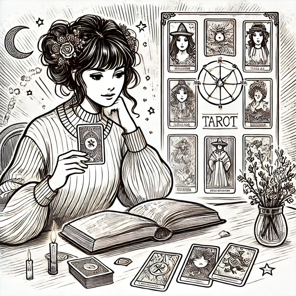 Illustration einer Frau, die eine Tarotkarte in der Hand hält und nachdenklich vor einem aufgeschlagenen Buch sitzt. Vor ihr liegen weitere Tarotkarten, Kerzen brennen, und im Hintergrund sind weitere Tarotkarten und ein Rad des Schicksals zu sehen. Die Szene ist dekorativ und mystisch gestaltet, mit Blumen im Haar der Frau und einer Vase mit Blumen auf dem Tisch. Die Atmosphäre ist ruhig und lädt zur Reflexion ein.